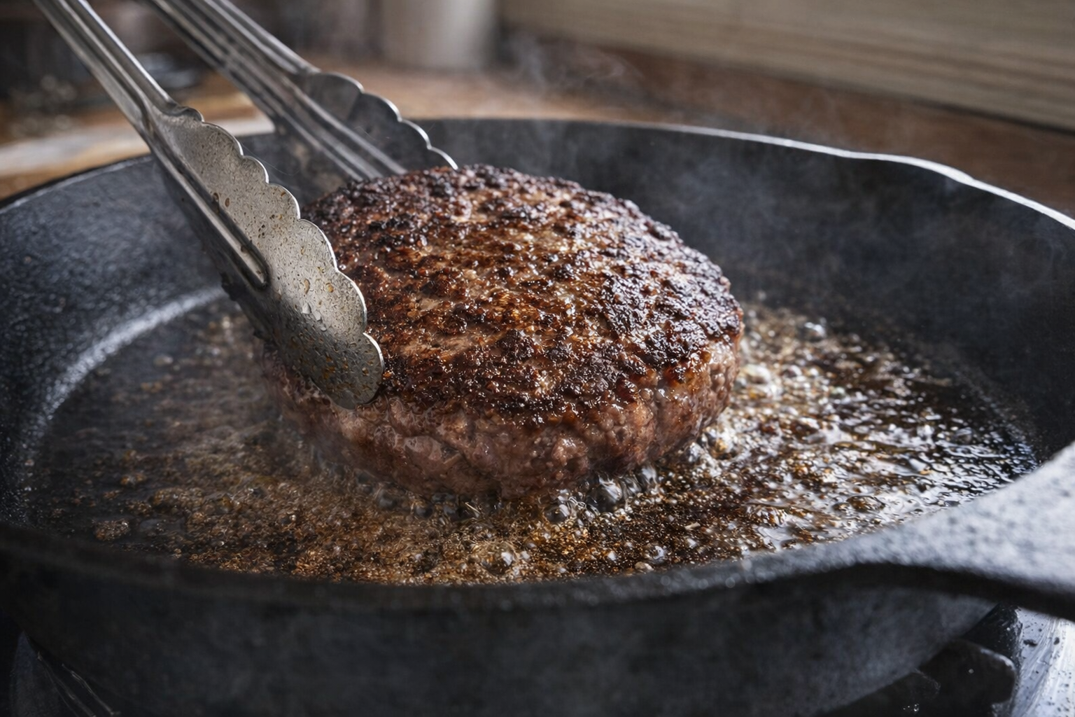 An angled, close-up shot of a hamburger patty sizzling in a cast iron skillet, showing a deep brown sear and rendered fat, with tongs holding the patty